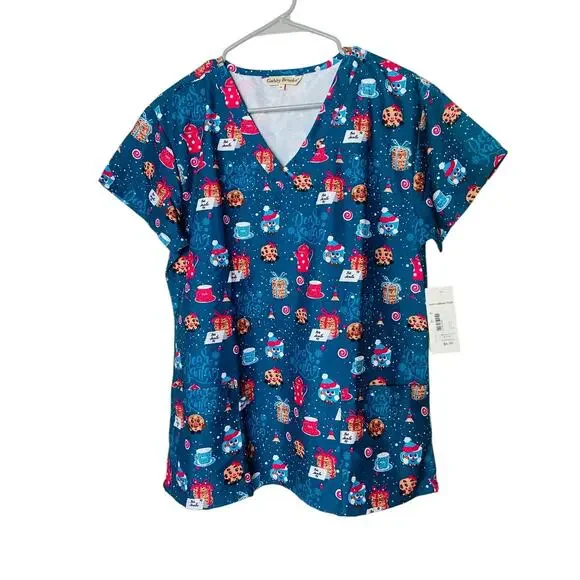 LOT OF 5 Womens Printed Scrub Top Short Sleeve Medium Holiday Workwear Medical - Picture 4 of 13
